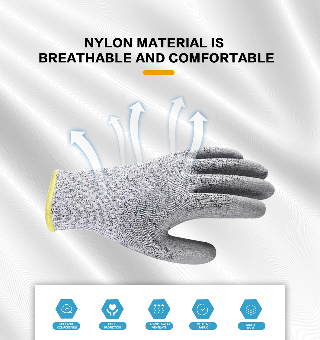 En388 A5 Nylon & Hppe & Glass Fiber Liner PU (Polyurethane) Coated Anti Cut Resistant Cutting Proof Work Safety Hand Protection Knitted ANSI Gloves